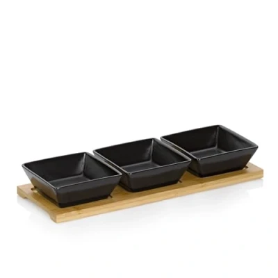 Image of kela Philipa 12262 Bowl Set of 4 Porcelain Black Bamboo Base Plate Square