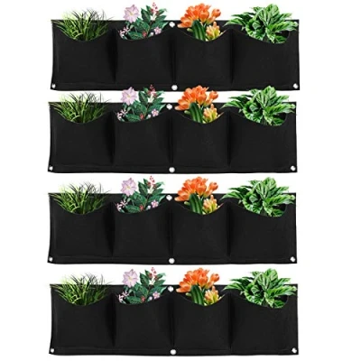 Image of mumisuto Hanging Planters, Grow Bags, 4Pcs 4 Pocket Plant Bag Wall Mounted Reusable Degradable Felt Garden Planter for Flower Vegetable Indoor/Outdoor (Black)