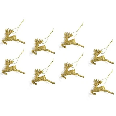 Image of 8 x Gold Glitter 3D Shaped Reindeer Hanging Christmas Tree Ornament Window Decoration XMAS Accessories