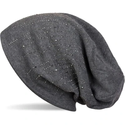 Image of styleBREAKER Beanie hat with Rhinestone Rivets in Classic Stripe Design, Slouchy Long Beanie, Unisex 04024086, Colour:Mottled Dark Grey