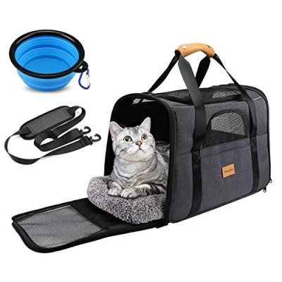 Image of Morpilot Cat Carrier, Portable Pet Carrier Bag for Cats and Small Dogs, Foldable Soft Sided Transport Airline Approved Travel with Shoulder Strap, Removable Mat Bowl