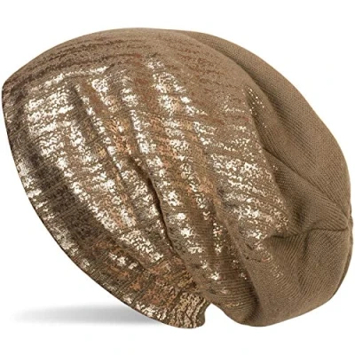 Image of styleBREAKER Warm fine Knit Beanie with Metallic Print and Fleece Lining, Slouch Long Beanie, Unisex 04024132, Colour:Brown/Rose Gold