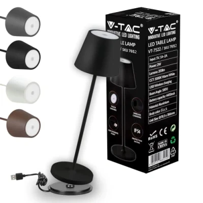 Image of V TAC Dimmable LED Table Lamp Wireless with Touch Control Rechargeable Black for Indoor and Outdoor Use IP54 Home Restaurant 4400 mAh Battery Warm White 3000 K