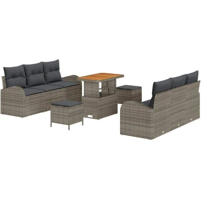 Image of vidaXL 9 Piece Garden Sofa Set with Cushions Grey Poly Rattan Acacia