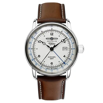 Image of Zeppelin Men&#039;s Watch with Leather Strap Series 100 Years ED. 1 Automatic GMT Date 8666 1, Silver / Brown, Ribbon