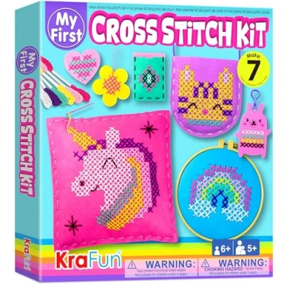 Image of KRAFUN Beginner My First Cross Stitch Kit for Kids Arts &amp; Crafts, 6 Easy Projects of Felt Keyring, Bag, Pillow Craft, Instructions, Gift Girls and Boys, Learn DIY Crafting, Embroidery