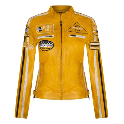 Image of Womens Yellow Leather Biker Casual Racing Moto Badges Jacket