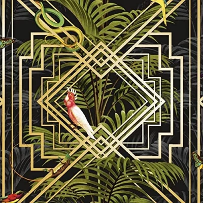 Image of Holden Decor Birds Tropical Palm Trees Wallpaper Black Metallic Gold Green Congo