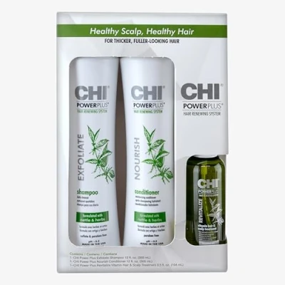 Image of CHI Power Plus Starter Kit with Shampoo, Conditioner and Scalp Treatment, White