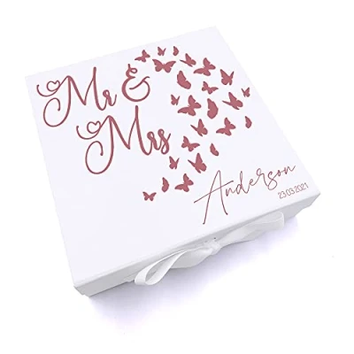 Image of ukgiftstoreonline Personalised Mr and Mrs Wedding Gift Keepsake Memory Box With Butterflies (Large)