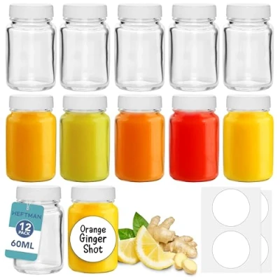 Image of HEFTMAN Glass Shot Bottles with Lids 12 Pack 60ml Cleaning Brush &amp; Labels Reusable Ginger Empty Clear, Airtight Juice Bottles, Oils, Sauce, Medicine