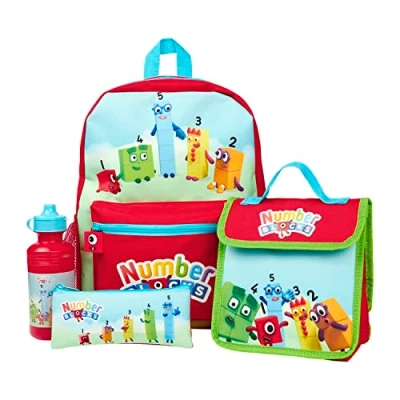 Image of Numberblocks Kids Backpack 4 Piece School Set Including Lunch Bag, Water Bottle and Pencil Case