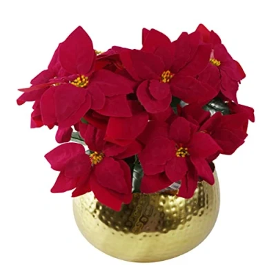 Image of Leaf Artificial Christmas Xmas Red Poinsettia 40cm Houseplant in Pot, Silk, Large Gold Curved Edge