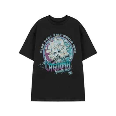 Image of Monster High Lagoona Women&#039;s Black T Shirt Short Sleeved Graphic Tee Blue Character Design Retro Apparel for Fans