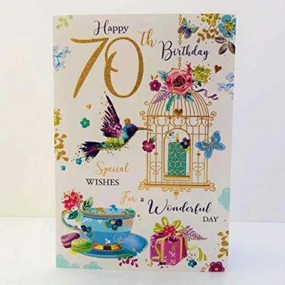 Image of Jonny Javelin Female Happy 70th Age 70 Birthday Card Hummingbird Bird Cage