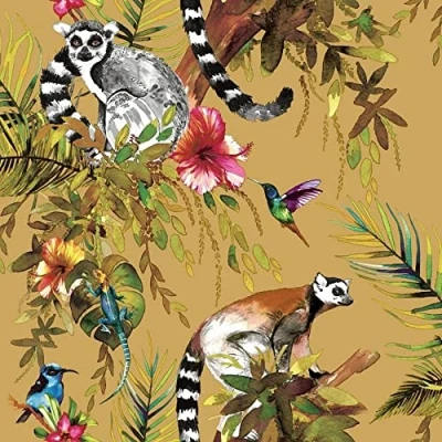 Image of Lemur, Hummingbird, Floral Wallpaper Yellow Ochre/Multi Holden 13050