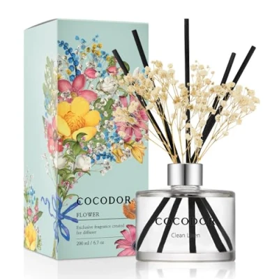 Image of COCODOR Flower Reed Diffuser Set / 200ml Clean Linen/Scent with Sticks Home Fragrance for Bathroom Shelf Decor
