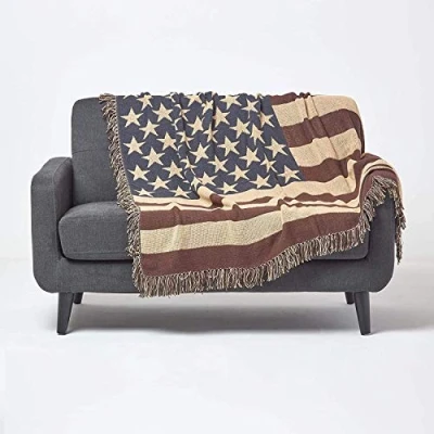 Image of HOMESCAPES 100% Cotton Hand Woven America Flag Throw 50 x 60 Inches / 125 150 cm USA Stars &amp; Stripes Jacquard Sofa Armchair Throw/blanket with Fringes