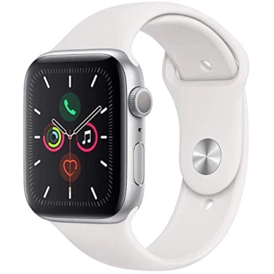 Image of Apple Watch Series 5 (GPS, 44mm) Silver Aluminum Case with White Sport Band (Renewed)