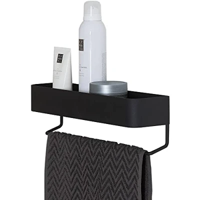 Image of Sealskin Brix Wall Tray with Towel Rail, Metal, Black, 35 x 10 8 cm
