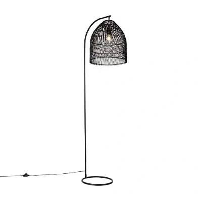 Image of Qazqa Rural Floor lamp Black with Rattan Sam Country Suitable for LED E27 1 Light Steel Living Room I Bedroom