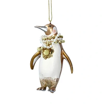 Image of Gisela Graham Resin Cream and Gold Penguin with Beads Jewels 8.5 Centimeter Festive Decoration