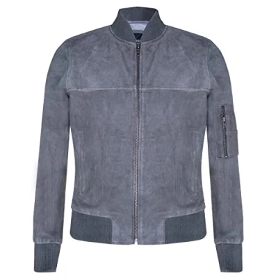 Image of Mens Grey Goat Suede Bomber Jacket Real Genuine Leather MA 1 Varsity Retro M