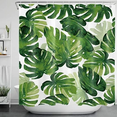 Image of LB Green Palm Leaves Shower Curtain 71x71 inch Monstera Leaf Bath Tropical Foliage in Junlge Bathroom Decor with Hooks,Waterproof Anti mold Polyester Fabric