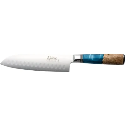 Image of Katana Saya Elements 18 cm Santoku Knife, Ocean Blue, VG 10 Damascus Steel with Olivewood &amp; Resin Handle (KEB 02)
