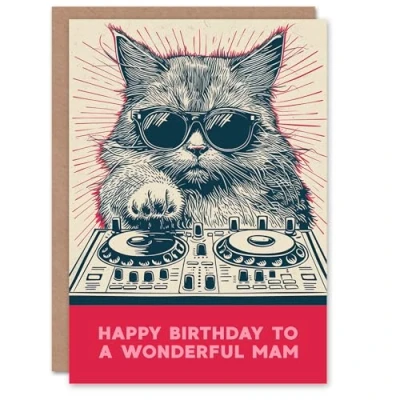 Image of Artery8 Mam Happy Birthday Card DJ Moggie Retro Cool Cat On Decks Fun Funny For Her Greeting