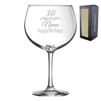 Image of Personalised Engraved Novelty Juniper Gin Balloon with Fancy Birthday Design, Gift Boxed, Personalise for Any