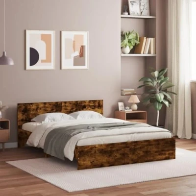 Image of vidaXL Smoked Oak King Size Bed Frame with Headboard 150x200 cm, Plywood Slats, Engineered Wood Base, Contemporary Bedroom Furniture