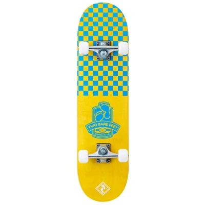 Image of Two Bare Feet Complete Skateboard 31 x 8 inches Double Kick Maple Deck (Checkmate Yellow/Blue)