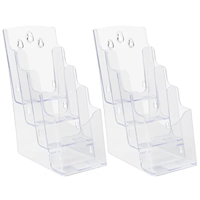 Image of Belle Vous 2 Pack of Clear Acrylic Plastic Brochure Holder 4Tier Counter/Desktop &amp; Wall Mounted Portrait Display Stand Trifold Literature Booklet, Leaflet, Menu, Flyer, Magazine Pamphlet Holders