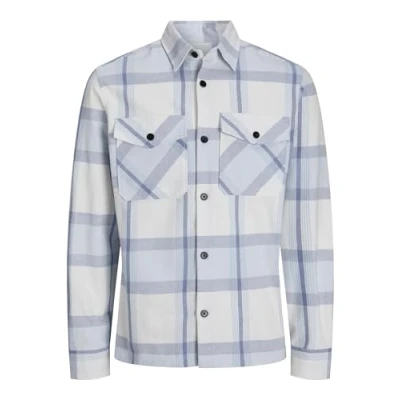 Image of JACK &amp; JONES Men&#039;s Jprccroy Spring Check Overshirt L/S Sn Shirt, Skyway/Checks:Comfort fit, L