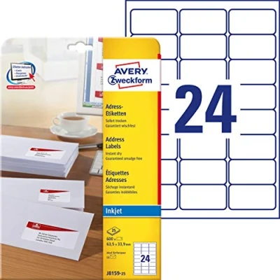 Image of Avery Zweckform J8159 25 Address Labels 63.5 x 33.9 mm Sheets with 600 Total White