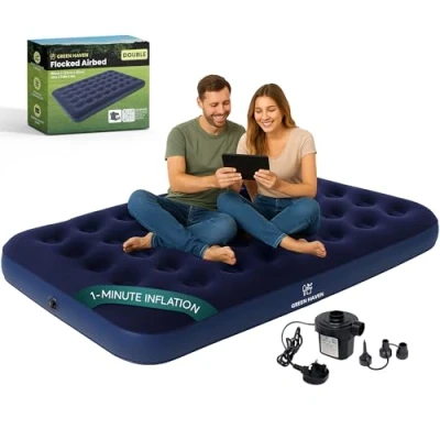Image of Green Haven Double Blow Up Camping Bed with AC Electric Air Pump (191 x 137 22 cm) Waterproof Inflatable Airbed Mattress Quick Inflate Ideal for &amp; Guest Use