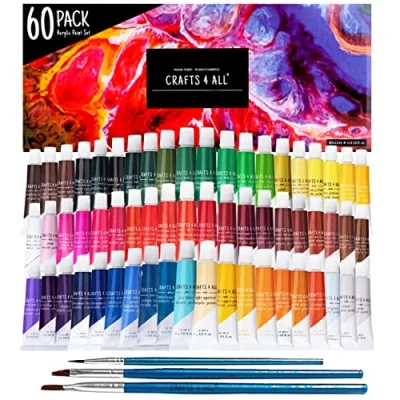 Image of Crafts 4 ALL Acrylic Paint Set 60 Paints for Canvas, Wood, Ceramic &amp; Fabric Non Toxic, Vibrant Pigments Beginners, Students and Professional Artists Art Supplies