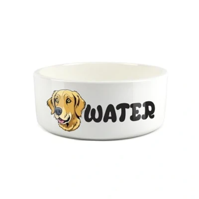 Image of Golden Retriever Pet Bowl Cartoon Dog Portrait Large Ceramic Water Novelty White Dish For Dogs