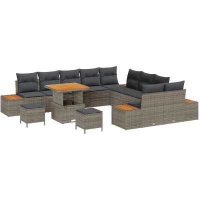 Image of vidaXL 13 Piece Garden Sofa Set with Cushions Grey Poly Rattan Acacia