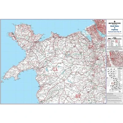 Image of North Wales and Anglesey Postcode Sector Wall Map Map16 Laminated With Motorway, A&#039; Roads, B&#039; City Plans, Area, District, Sectors Dimensions: 73 x 107 cm (29 42 inches) Scale: 1:150,000 (1 inch to 2.4 miles)