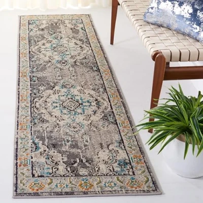Image of SAFAVIEH Boho Chic Rug for Living Room, Dining Bedroom Monaco Collection, Short Pile, in Grey and Light Blue, 66 X 183 cm