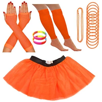 Image of REDSTAR FANCY DRESS Neon Tutu Skirt Leg Warmers Fishnet Gloves Necklace Beads Gummy Bracelets and Wrist (8 12 UK, Orange)