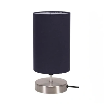 Image of Brushed Chrome Cylinder Touch Dimmer Table Lamp with Navy Blue Fabric Shade Bedside Light