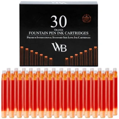 Image of Wordsworth &amp; Black Fountain Pen Ink Refills Set of 30 Orange Cartridges International Standard Size Length APPR 2.04 Inch Base Diameter 0.24 Disposable and Generic