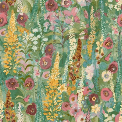 Image of Grandeco Handpainted Delphinium Forest Floral Garden Textured Wallpaper, Green Pink