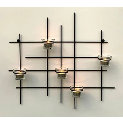 Image of DanDiBo Wall Tea Light Holder (CANDLE_HOLDER), 5XXL Metal, Wrought Iron, Black, Powder Coated, 50 cm x 46.5 8 cm, 0.45 kg