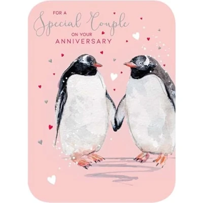 Image of Noel Tatt General &#039;Special Couple&#039; Wedding Anniversary Card Penguin Couple and Love Hearts with Silver Foil Die Cut Corners Eco Friendly Recyclable Made in England