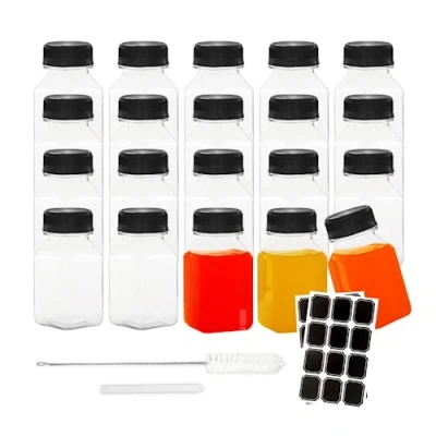 Image of BiBiFly 120ml 20 Pack Plastic Juice Bottles with Black Lids, Reusable Bulk Beverage Containers for Storing Juices, Milk, Smoothie and Other Homemade Beverages