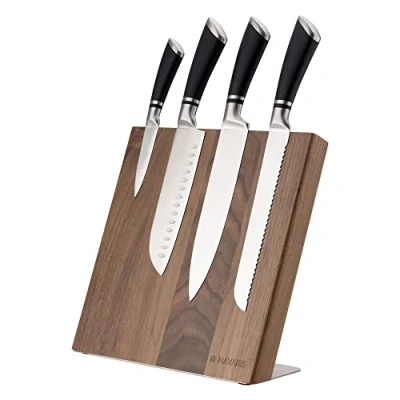 Image of Navaris Wooden Magnetic Knife Holder Universal Wood Block &amp; Organiser for Knives, Scissors, Kitchen Cutlery Walnut, 27.5 x 7.5cm